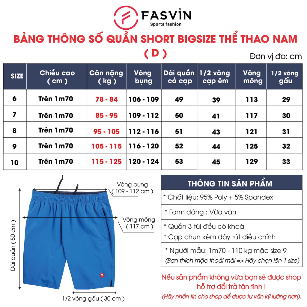 Quần đùi nam thể thao BIG SIZE FASVIN Từ 80 Đến 120KG vải co giãn mềm mát DS23560.HN