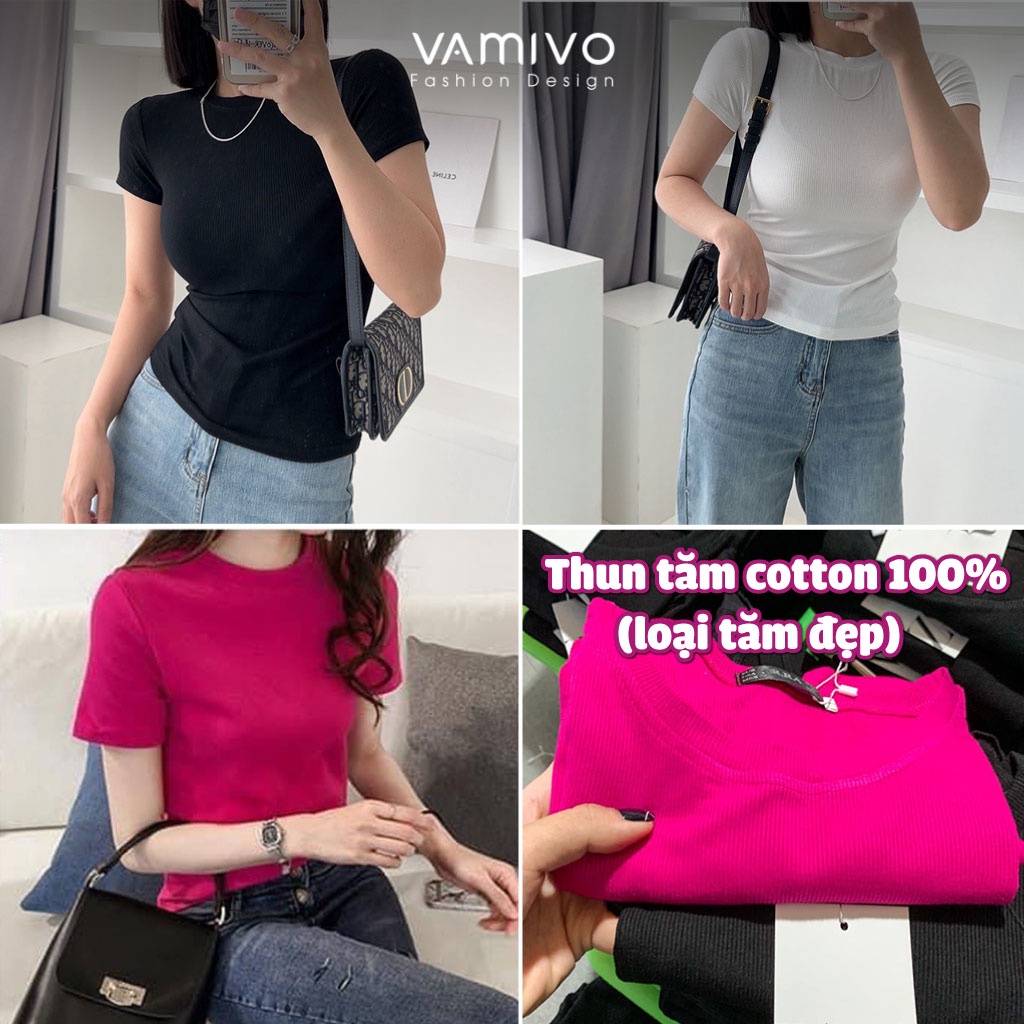 Áo thun nữ trơn cổ tròn form ôm thun tăm cotton 100% Vamivo ATT01, áo phông dáng ôm body