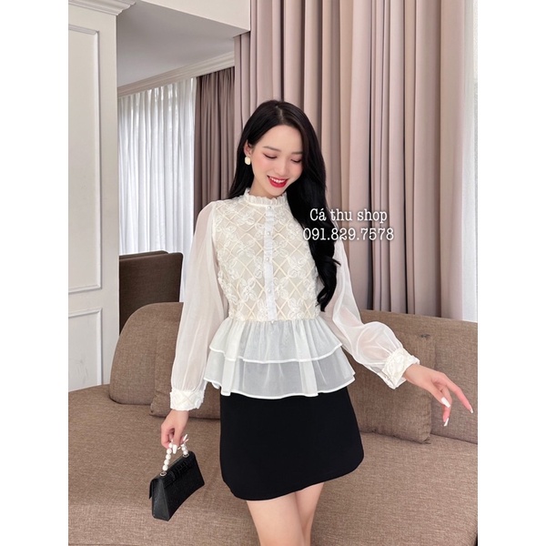 [Ảnh thật + video] Áo tơ peplum ren hoa bèo tầng