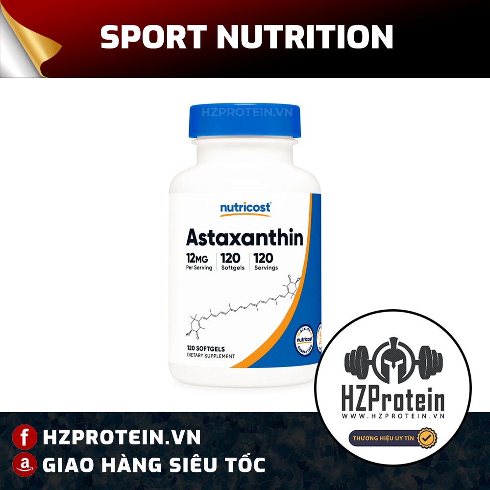 Nutricost Astaxanthin 12mg Viên Uống Chống Lão Hoá, Trẻ Hoá Cơ Thể - 120 Viên