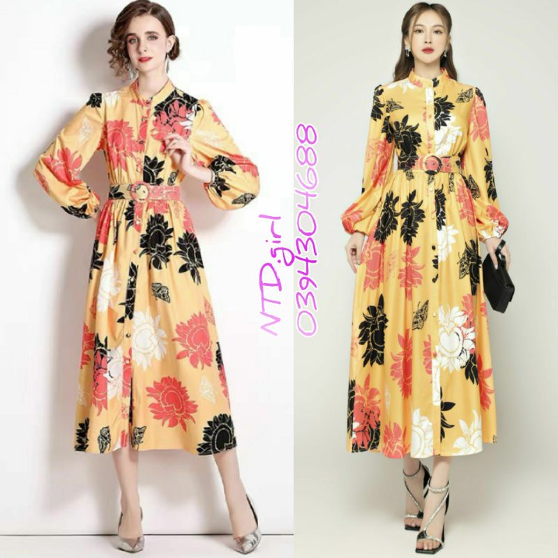 Hàng nhập - Đầm dáng xòe maxi lụa tay phồng cổ trụ, váy dự tiệc in hoa hướng dương