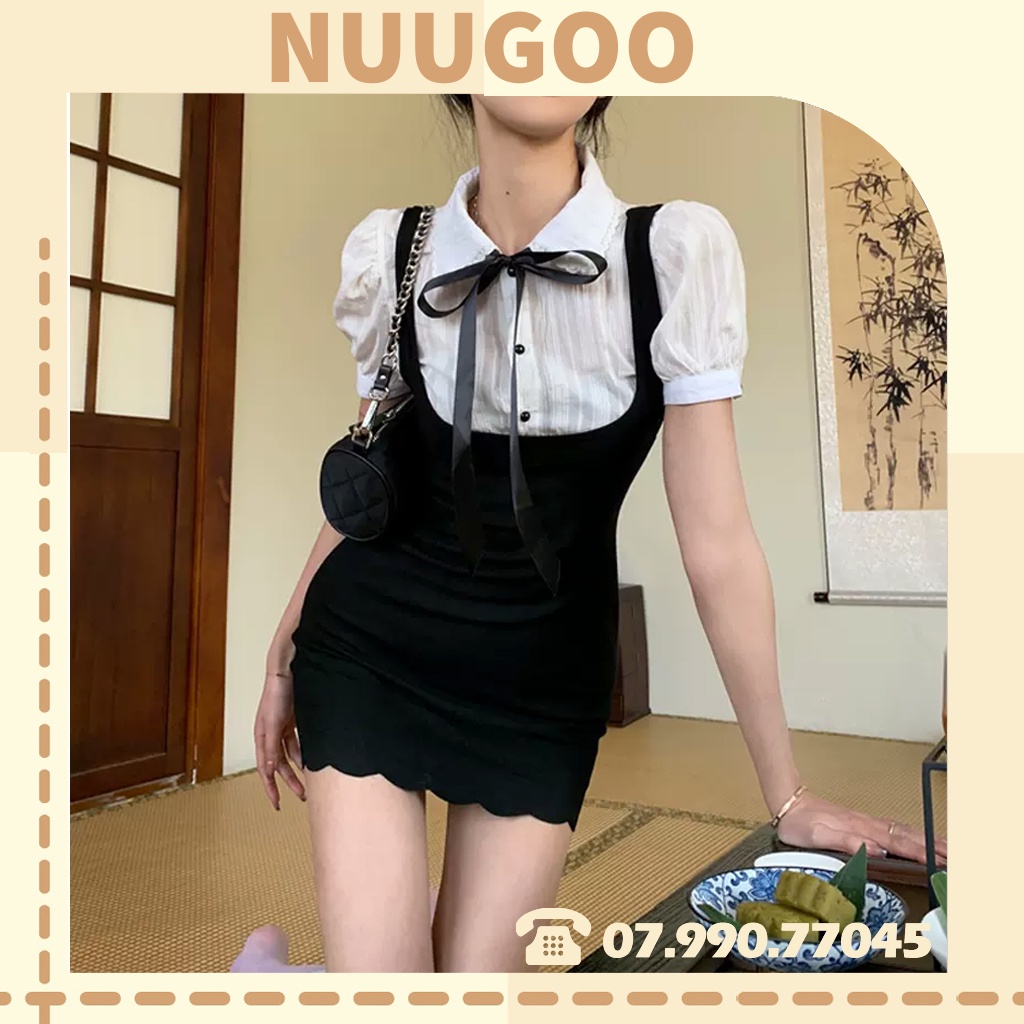 đầm nữ xinh màu đen cổ nơ ngắn phong cách hàn quốc NUUGOO25