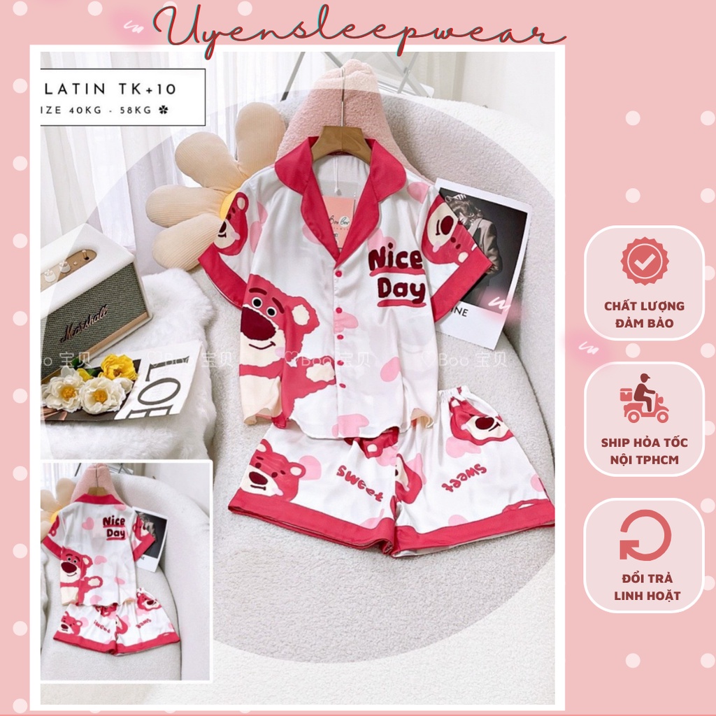 Đồ ngủ lụa Gấu dâu tây Losto Hello dễ thương Freesize dưới 58kg Fit 60kg - Chất lụa thoáng mát thoải mái