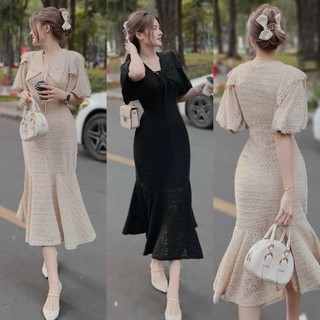 Đầm midi đuôi cá cổ nhọn