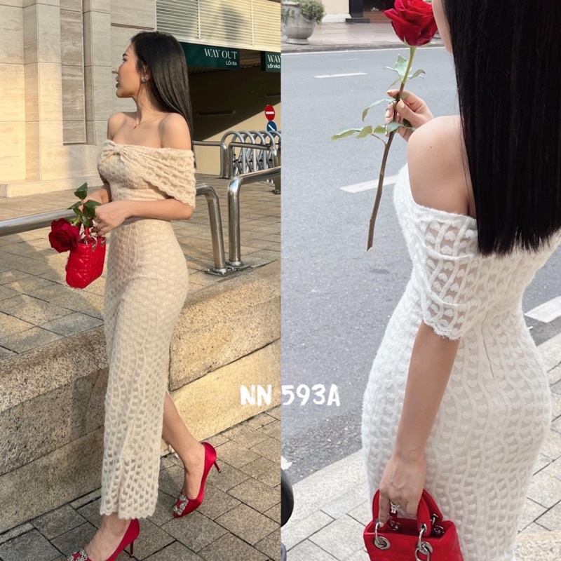 Váy body ren nhung trễ vai nơ ngực dáng dài siêu xinh