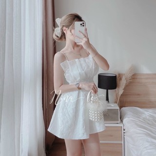 Đầm nữ hoa xốp in nổi 2 dây ngọc vol bèo ngực cực sang chảnh - 90289