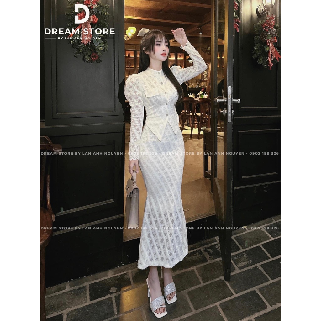 Set ren lông thỏ Áo sơ mi cổ trụ phối Chân váy đuôi cá quyến rũ, hàng M.Mo, video shop quay