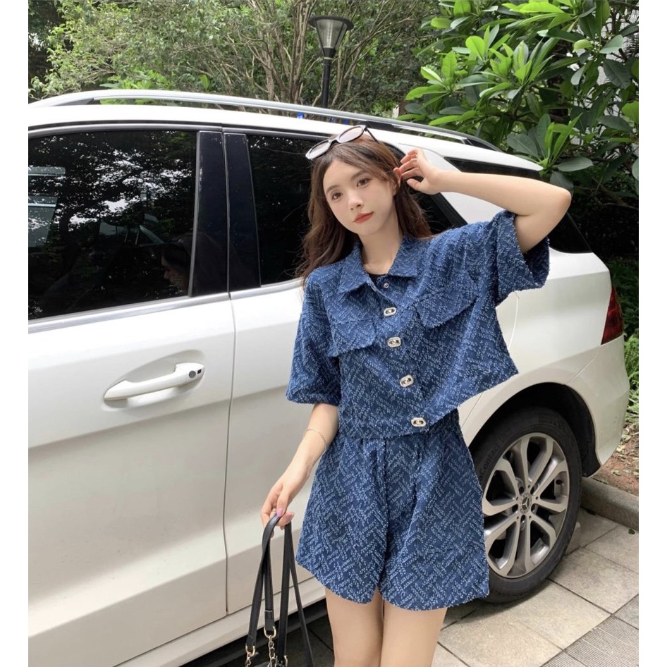 Set croptop dạ xanh cổ sơmi kèm short Hari-Fashion (Mã SR215)