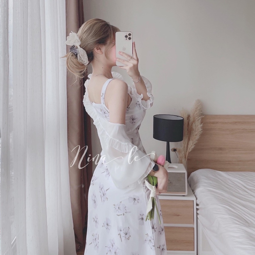 Set váy 2 dây voan hoa tím tiểu thư, đầm hoa xòe kèm áo khoác voan đi biển, váy 2 dây hoa nhí nhẹ nhàng mùa hè