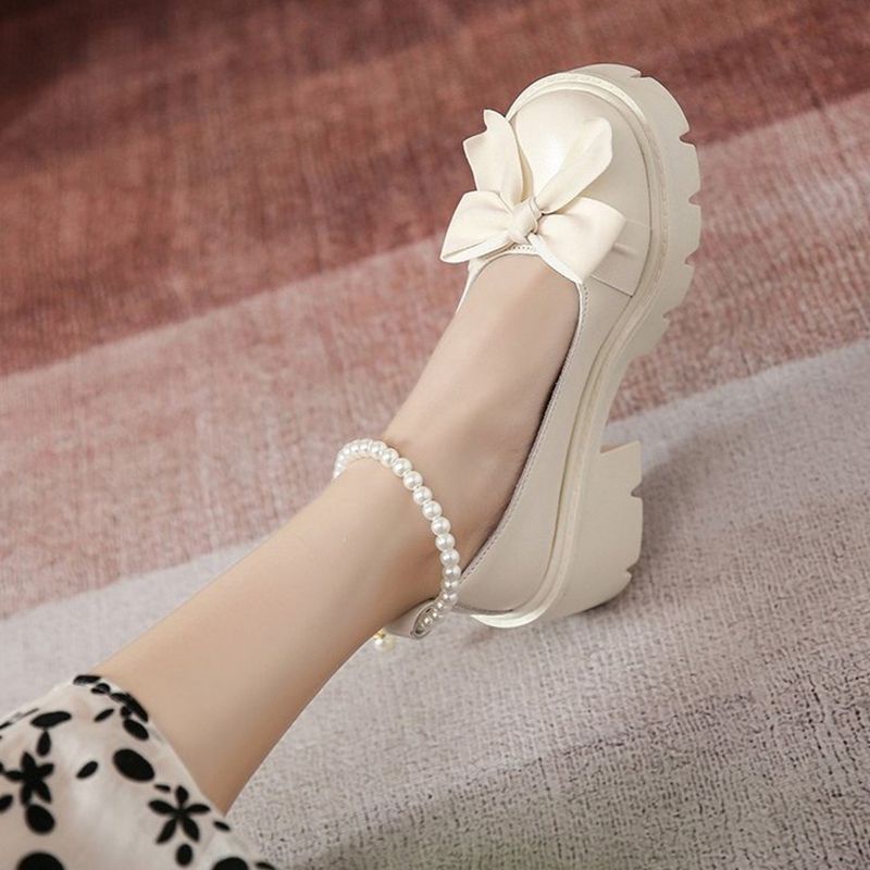 Giày Da Nữ Nơ Đế Dày Ngọc Trai Mary Jane