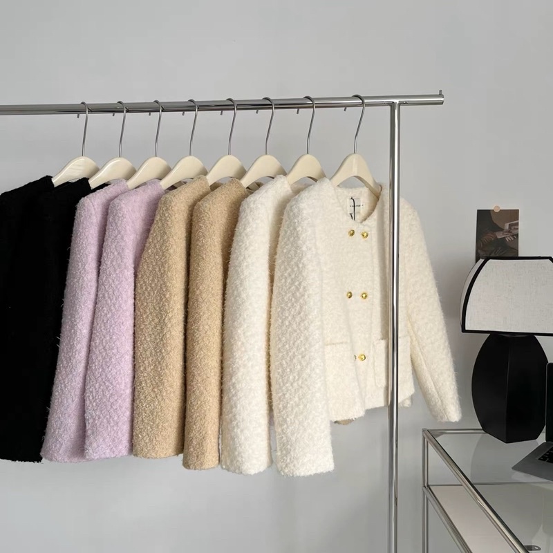 Áo khoác dạ tweed nữ khoác ngoài cổ tròn khuy mạ vàng dài tay sang trọng