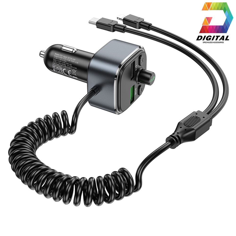 Tẩu Sạc Xe Hơi Đa Năng Hoco E74 Chính Hãng Tích Hợp Cáp Sạc, Bluetooth, FM