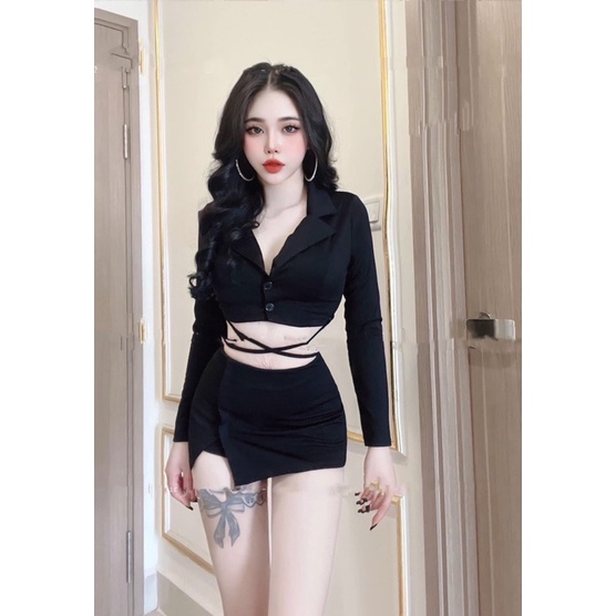 Set áo vest croptop tay ngắn đan dây kém váy xẻ - Bộ 2 món áo croptop đan dây kèm chân váy