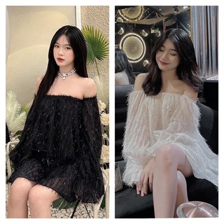 Váy Trễ Vai Dài Tay Lông Kim Tuyến YealNa Sang Chảnh