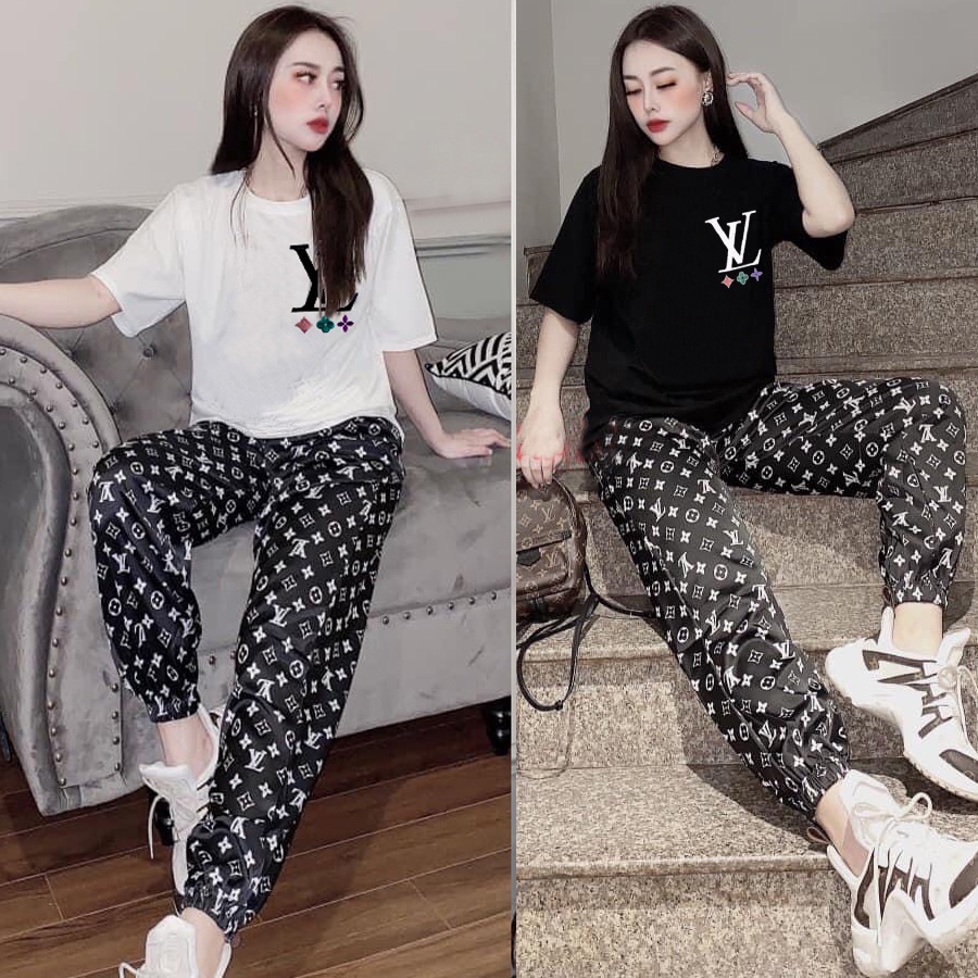 Set Bộ Thun Dài Form Rộng Áo Thun Cotton Logo Kí Tự Thêu Phối Quần Thun Lạnh In 3D Kí Tự Bo Chân Hiện Đại