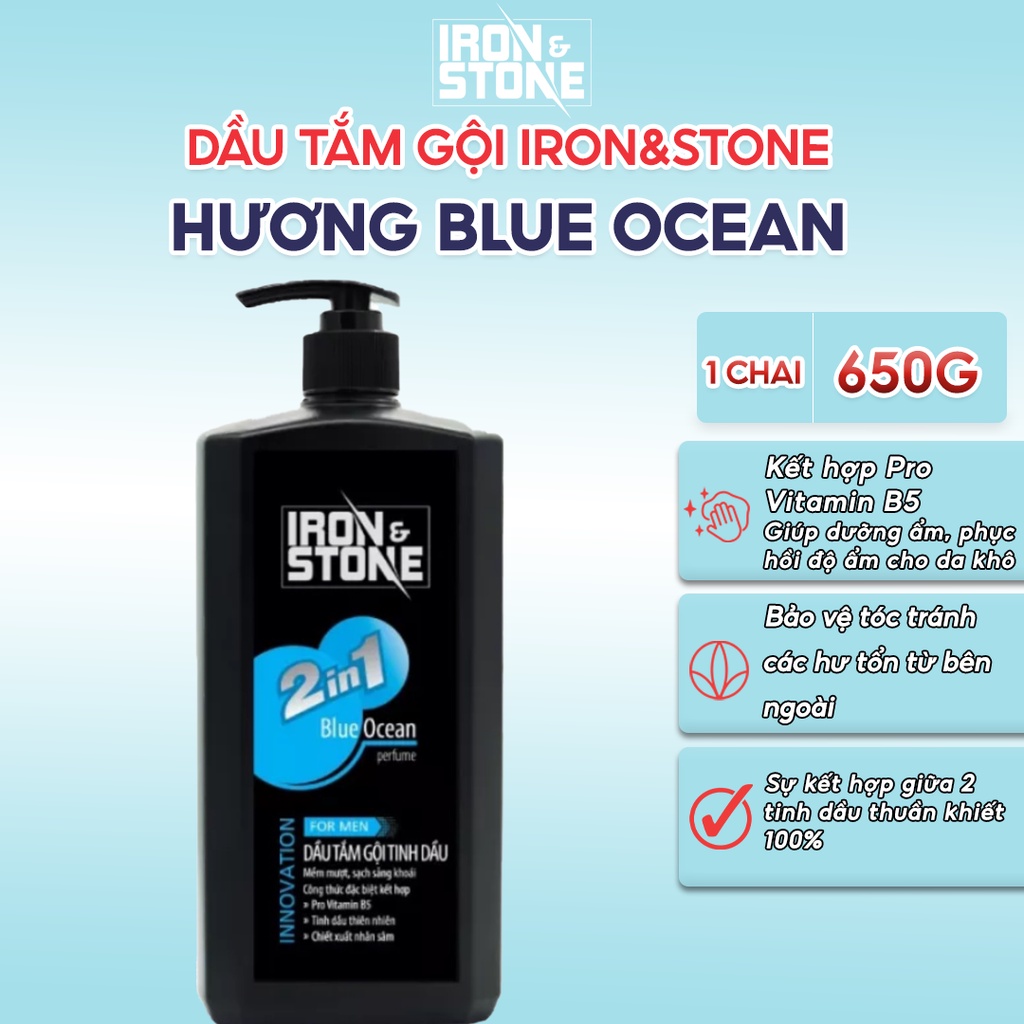 Dầu tắm gội IRON&STONE Innovation hương Blue Ocean dành cho nam dung tích 650G Z0505, dưỡng tóc mềm mượt, làm sạch sâu