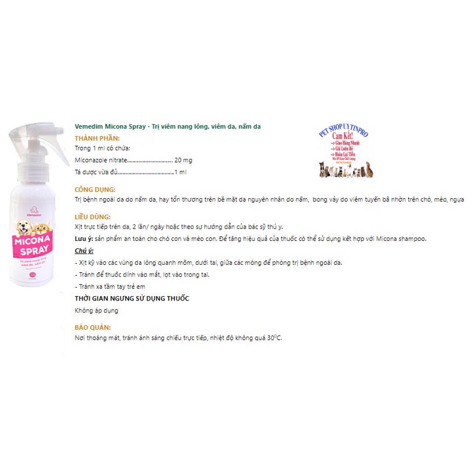 Chai xịt trị viêm nang lông, viêm da, nấm da cho Chó Mèo Vemedim Micona Spray Chai 100ml Sản xuất tại Việt Nam