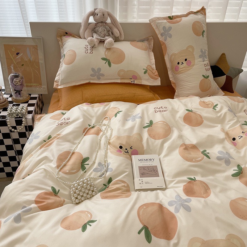 Bộ chăn ga gối 4 món cotton poly ETAMI mẫu gấu cam cute, miễn phí bo chun ga giường