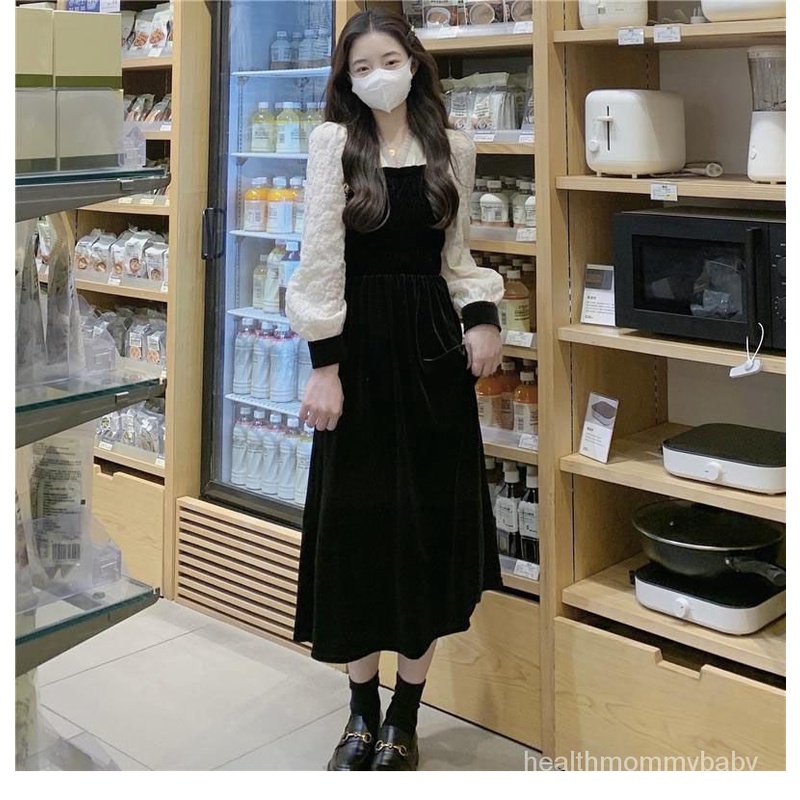 Trang Phục Cho Con Bú  Đi Chơi  Hai Mảnh Váy Liền Mùa Thu   Váy Cho Con Bú Qua Đầu Gối Ren Khâu Nhung