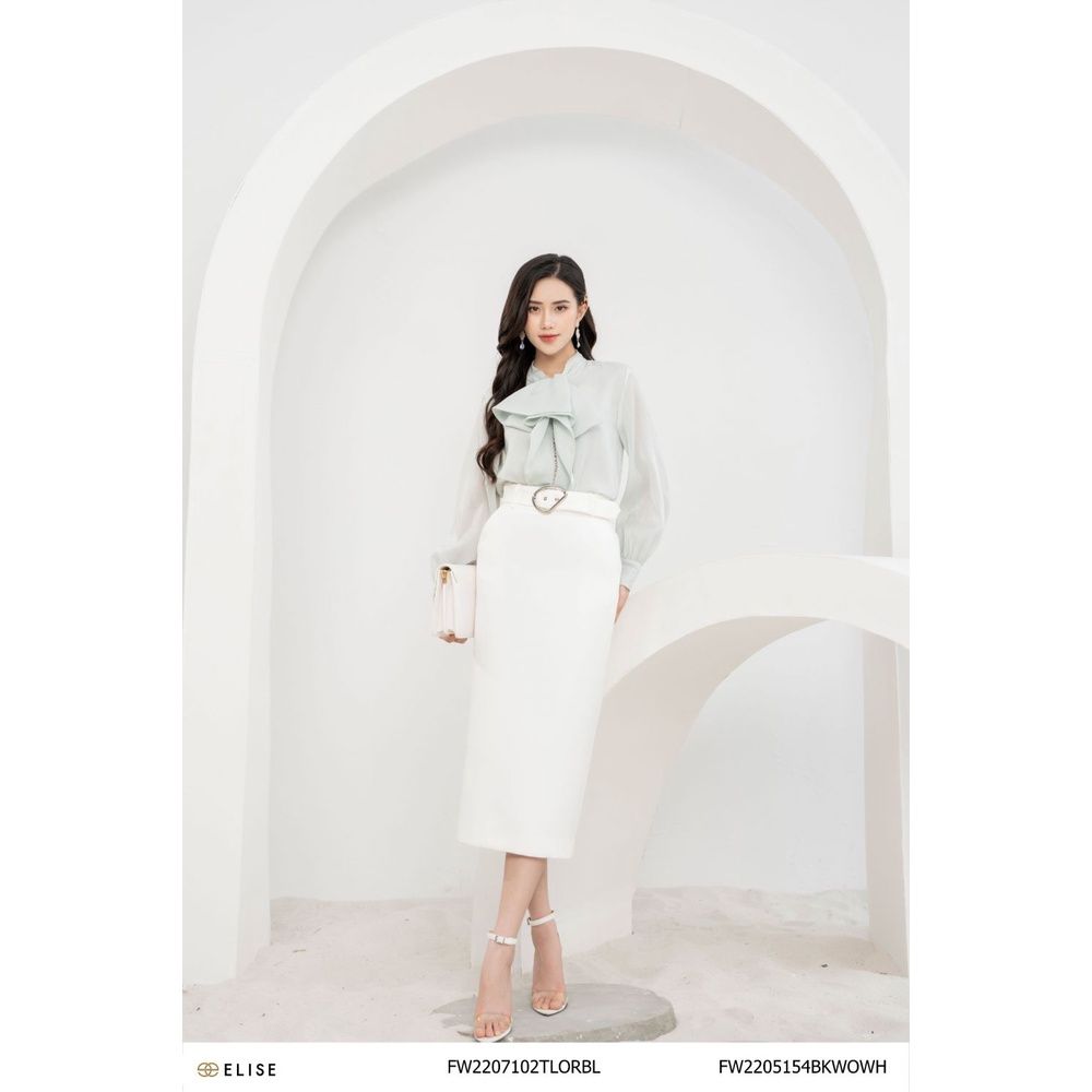 Áo sơ mi tơ nhũ xanh nơ cổ ren PK thiết kế Elise FW2207102TLORBL