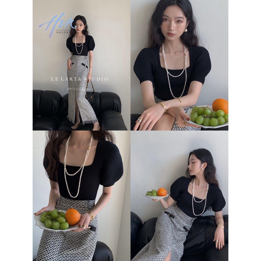 Áo Dệt Kim Cổ Vuông Màu Trơn Dáng Ôm Phong Cách Pháp Thời Trang Cho Nữ 2