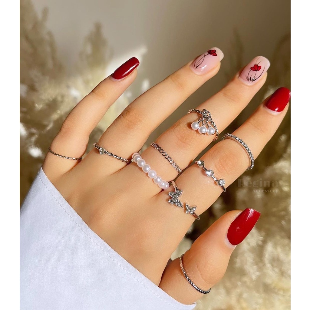 Set 9 nhẫn bạc ngọc trai pha lê thanh lịch Bộ nhẫn mỏng rỗng cho nữ phụ kiện trang sức