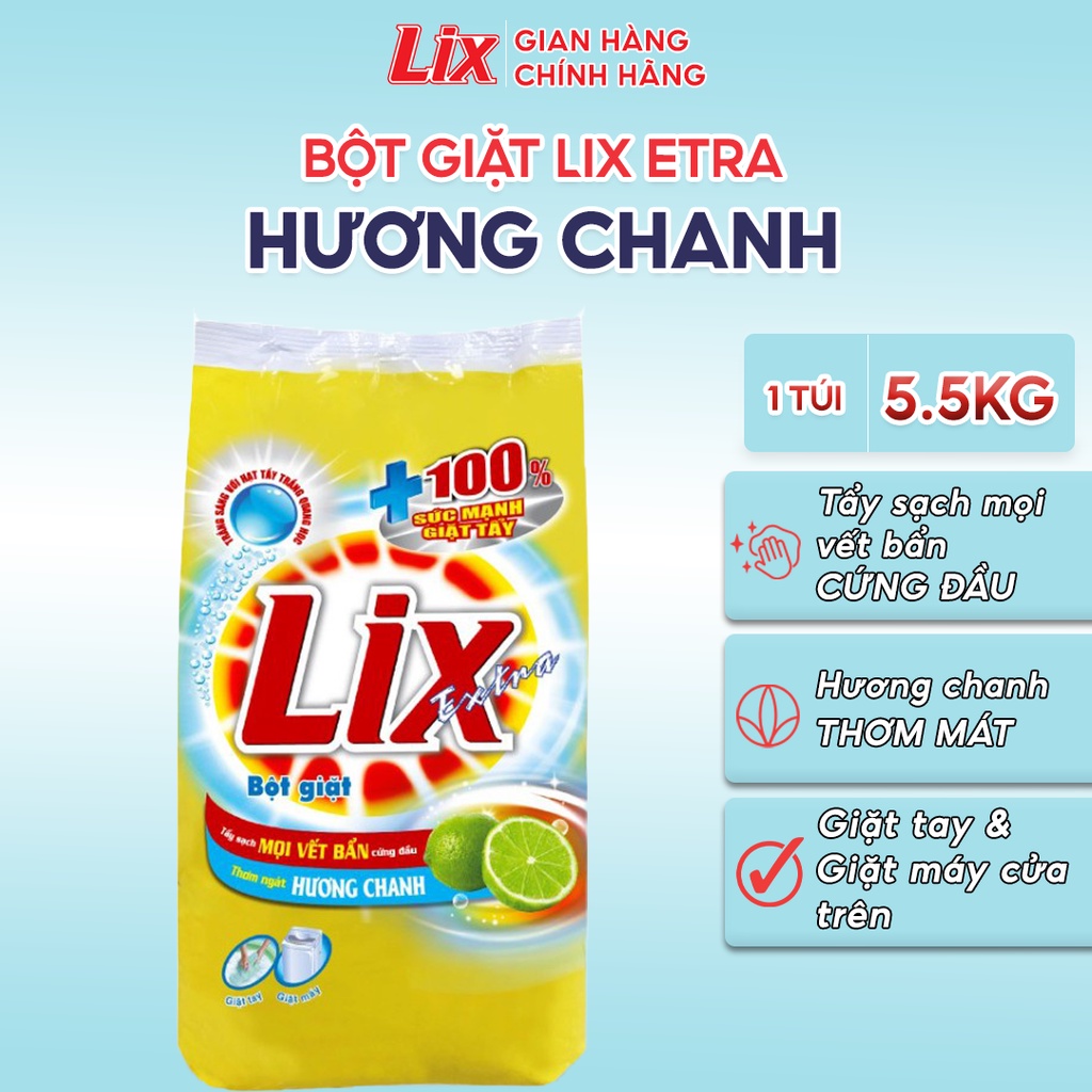 Bột giặt Lix Extra hương chanh 5,5Kg EC563 thơm mát, làm sạch mọi vết bẩn cứng đầu cho giặt tay và máy