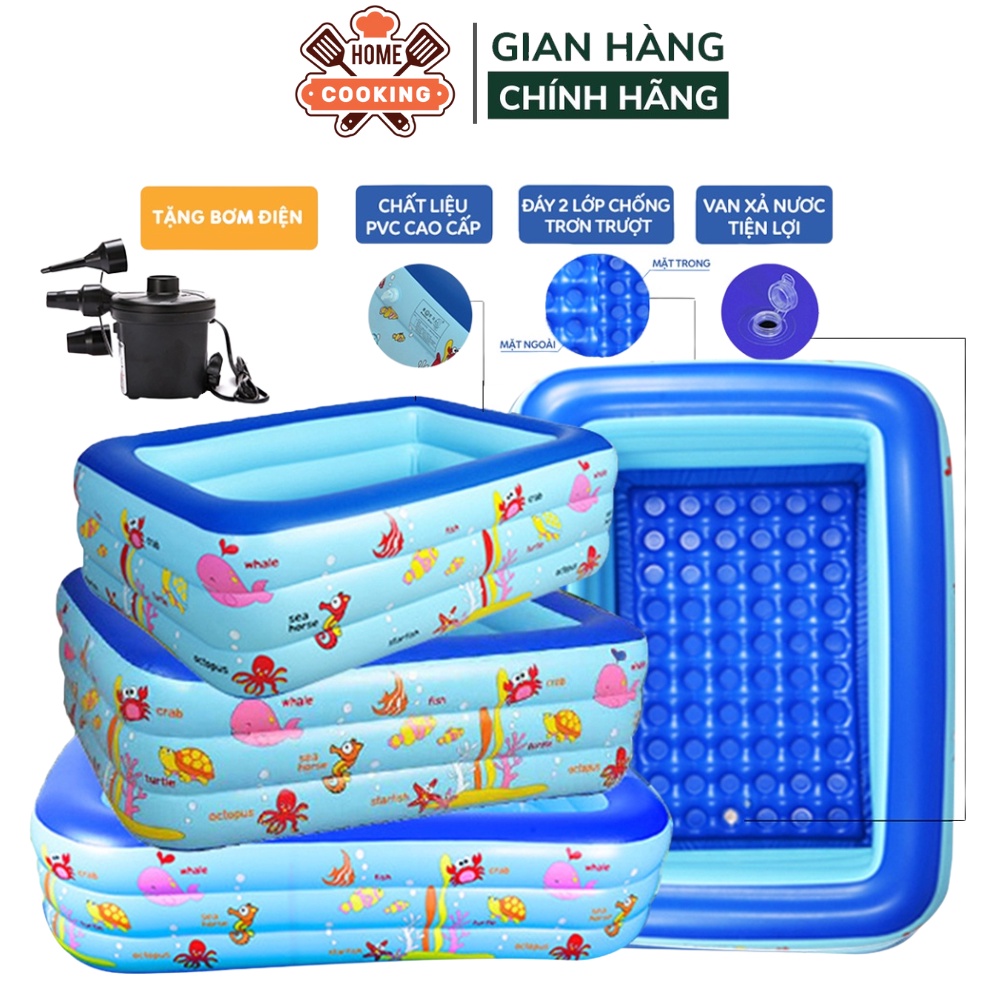 Bể bơi phao cho bé, hồ bơi cho bé bơm hơi tại nhà 3 tầng nhiều kích thước chất liệu cao cấp có đế chống trượt an toàn