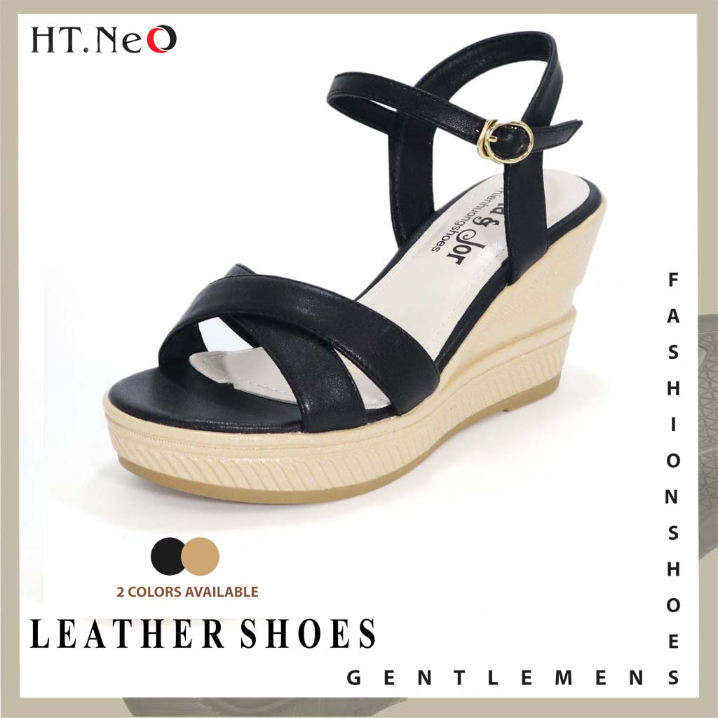 Sandal nữ da bò HT.NeO, Giày nữ đế xuồng 7cm tôn dáng chắc chân 2 quai đan chéo mặc áo dài phong cách thanh lịch SDN916