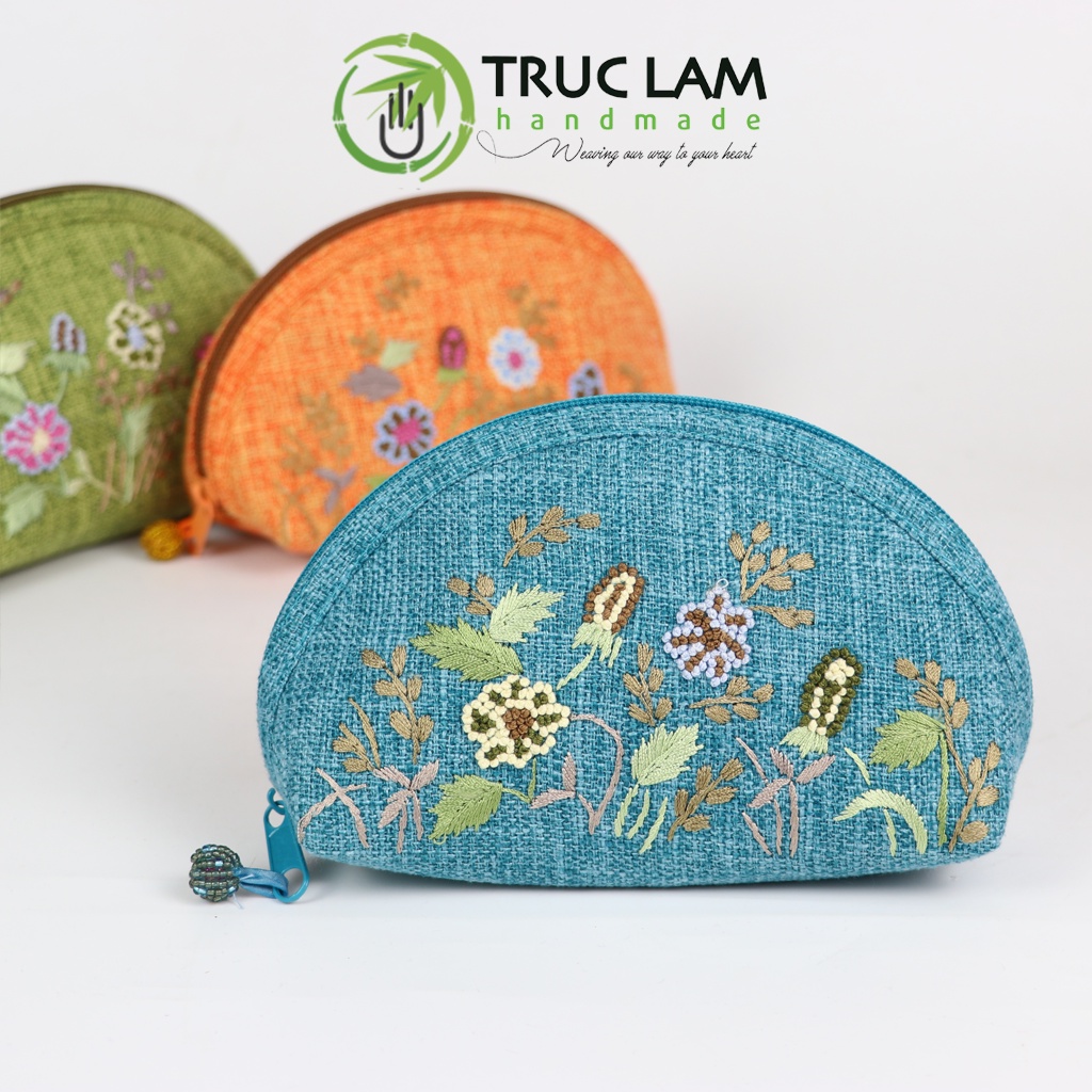 Ví Cầm Tay Nữ Ví Sò Vải Gai Họa Tiết Hoa Cỏ Thêu Tay Hai Mặt Họa Tiết Hoa Cỏ Trúc Lâm Handmade THEUV42