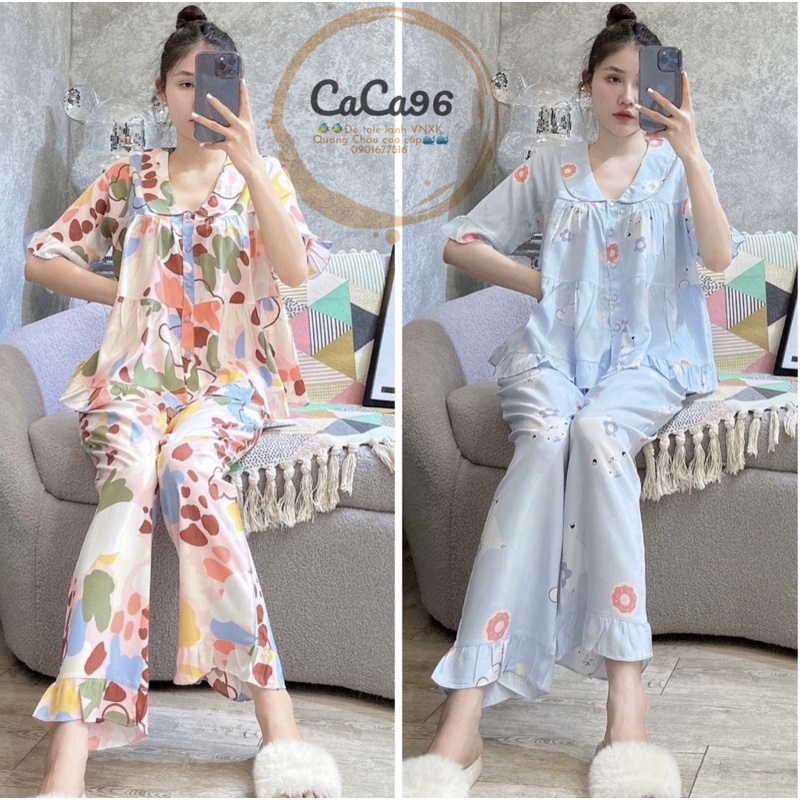 Đồ bộ tole babydoll dài tiểu thư VNXK F21 2023, cổ sen hàng thiết kế, không bay màu khi giặc, mềm mịn siêu mát.