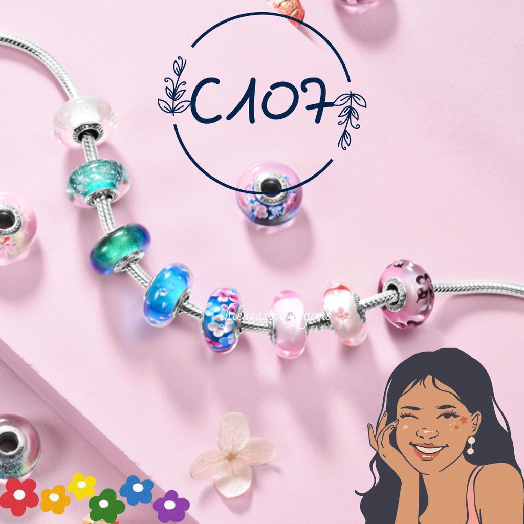 C107 Charm thuỷ tinh Murano Glass Pandora Bạc thật Thiên Cát s950