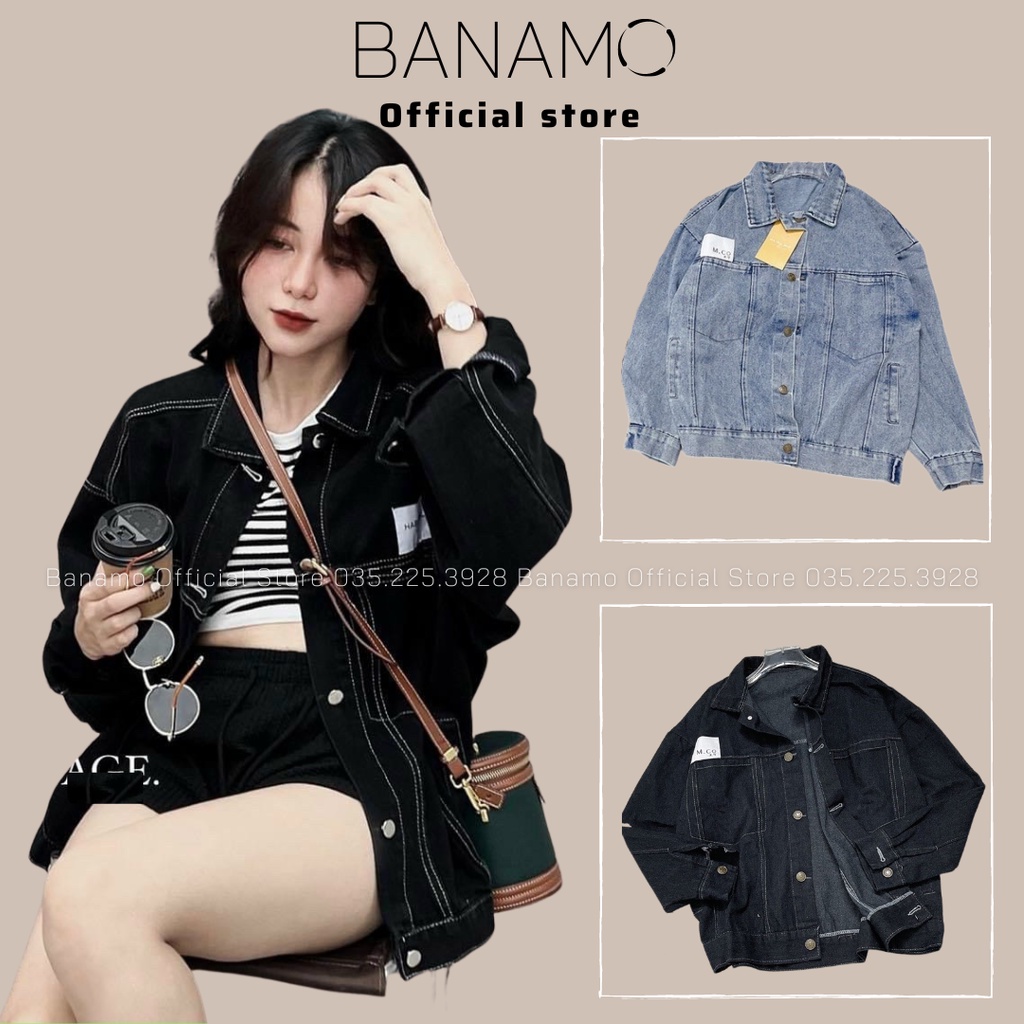 Áo khoác jean nữ dáng rộng 2 màu đen xanh thời trang Banamo Fashion Áo khoác bò thụng 362