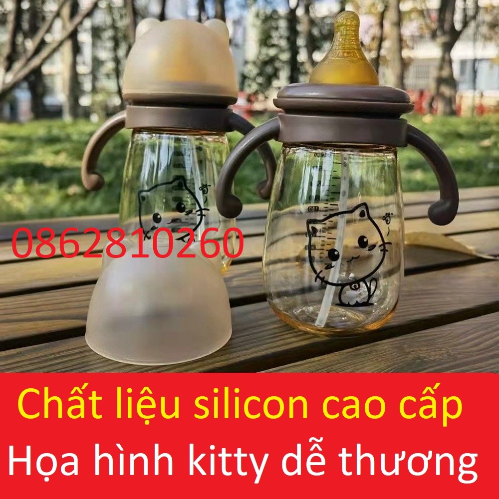 bình bé tập uống sữa nước baby ppsu bottle núm ti silicon mềm cao cấp bền đẹp mèo kitty dễ thương 300ml
