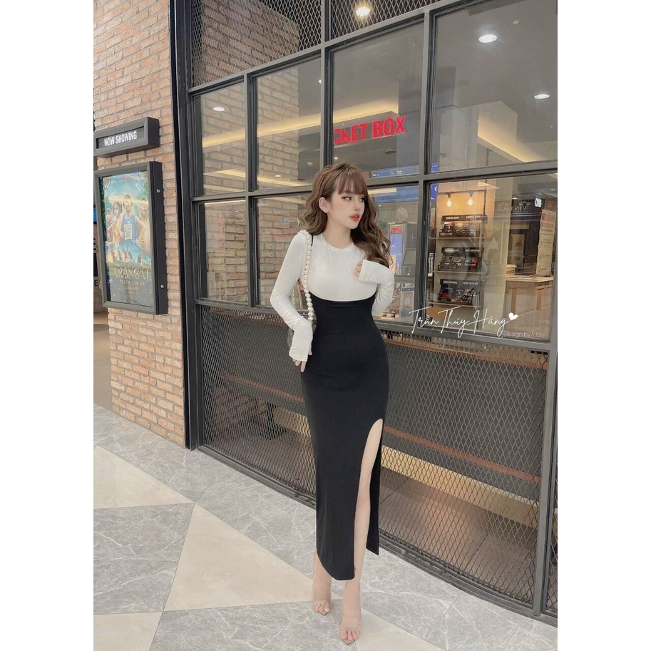 SÉT ÁO KÈM ĐẦM XẺ TÀ body sành điệu,quyến rũ free size dưới 52kg vừa