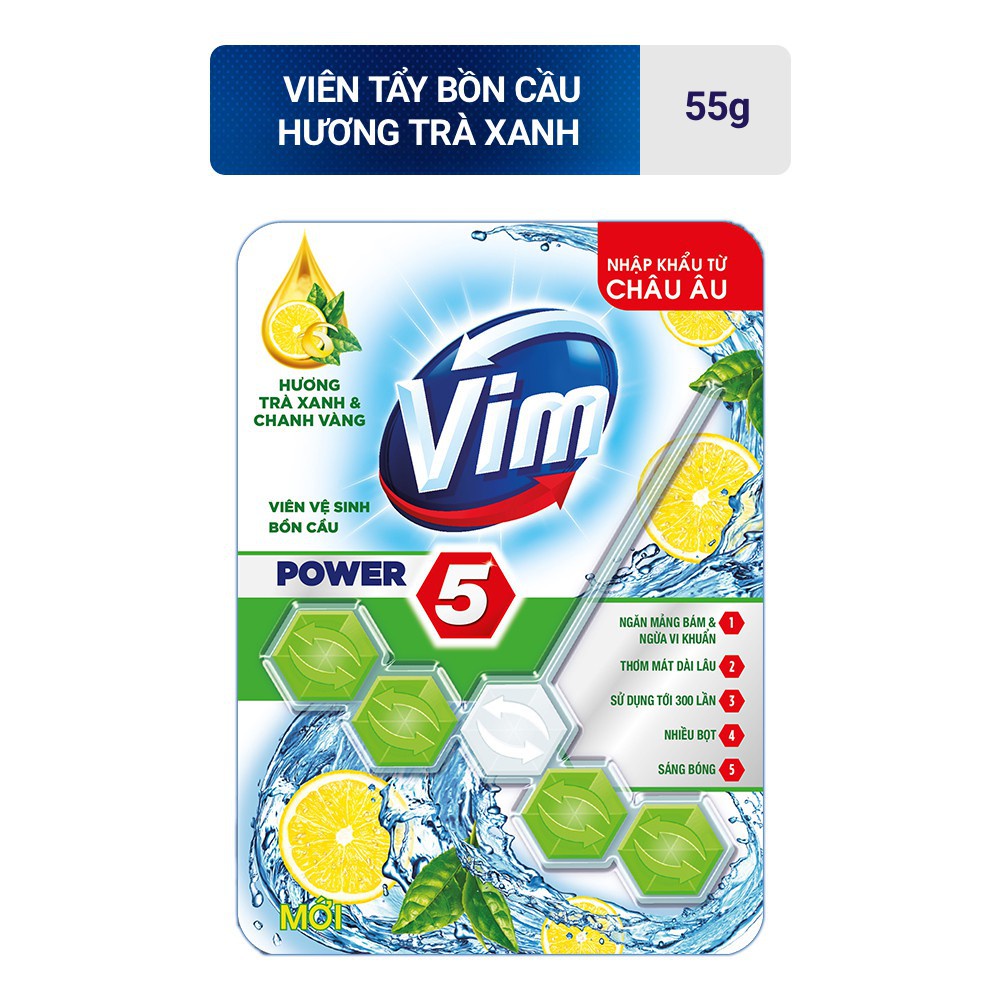 Viên treo bồn cầu Vim Power 5 sạch khuẩn thơm mát hương trà xanh & chanh