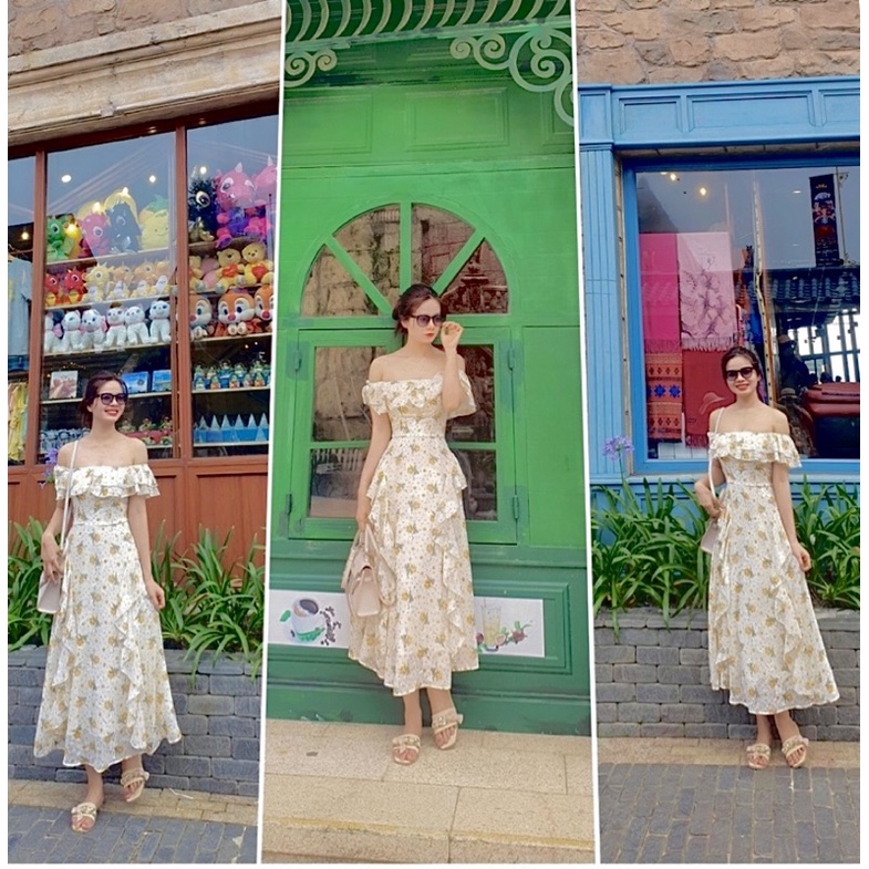 Đầm Váy Maxi Voan Hoa Nhí Trễ Vai Hàng Thiết Kế, Đầm Váy Quảng Châu Maxi Phối Bèo Tầng ,Mã Số A219