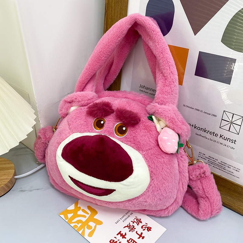 Túi xách đeo vai phủ lông họa tiết Gấu Dâu Lotso đáng yêu cỡ lớn 25cm cho nữ _ Ting Ting