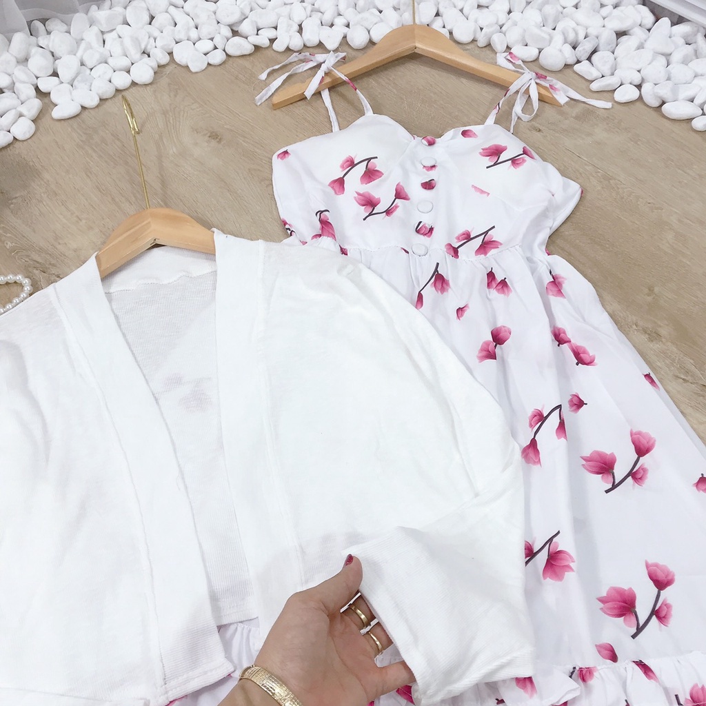 Váy 2 dây - Váy hoa nhí 2 tầng kèm áo cadigan, Có mút ngực, Chất vải lụa cao cấp, Thích đi biển dạo phố