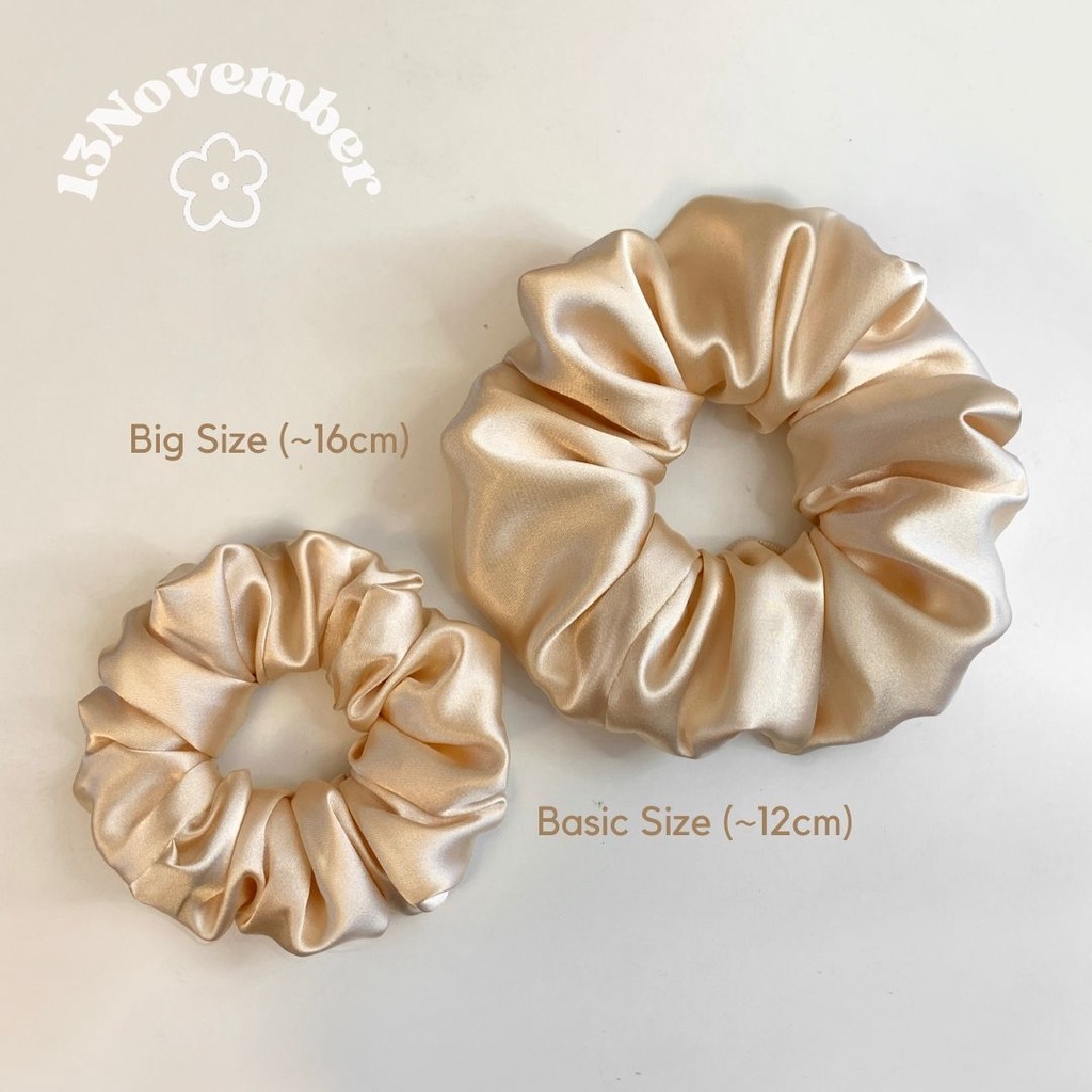 Scrunchies Cột Tóc Vải Lụa Satin, Phi Bóng Cao Cấp Kem Beige Hàn Quốc Size To Nhún Sang Chảnh