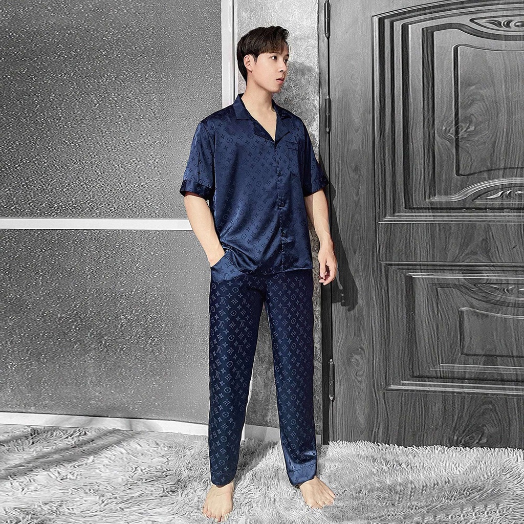 bộ pijama nam nữ, bộ đồ ngủ ngắn tay chất lụa Tô Châu cao cấp mềm mại thoáng mát hoa văn LV sắc nét THE1997