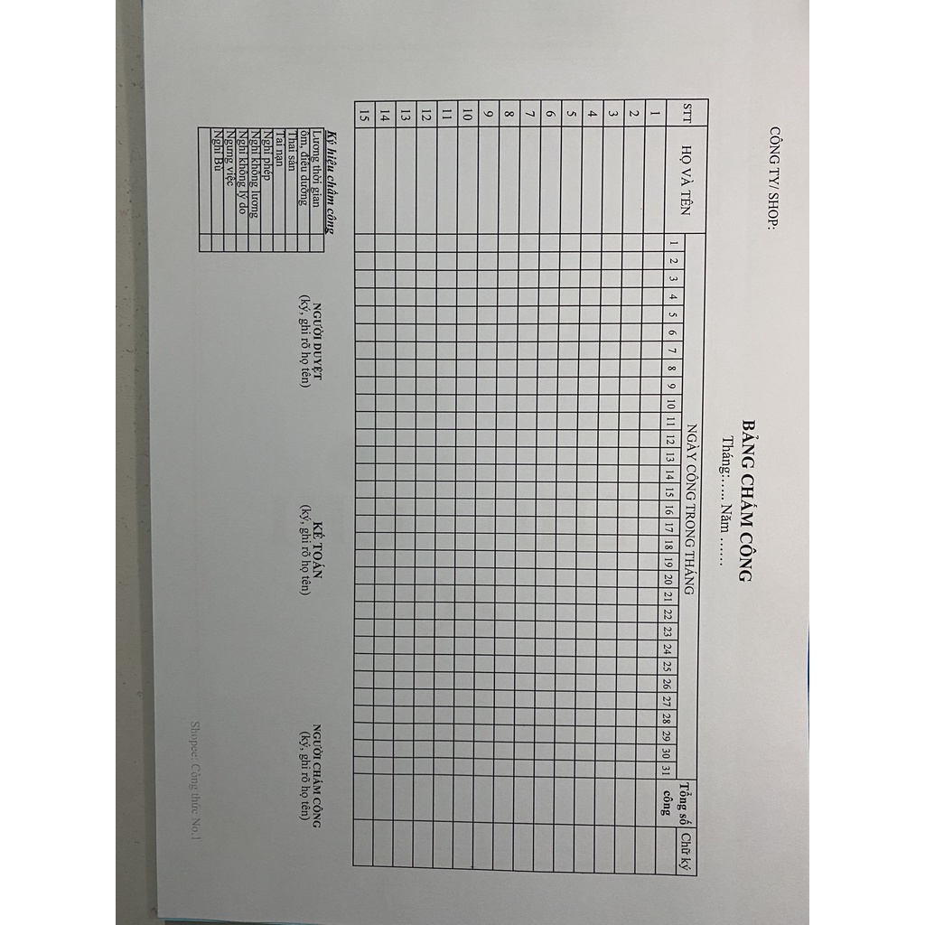 Sổ Chấm Công A4 Giấy đẹp 100 trang, 60 trang