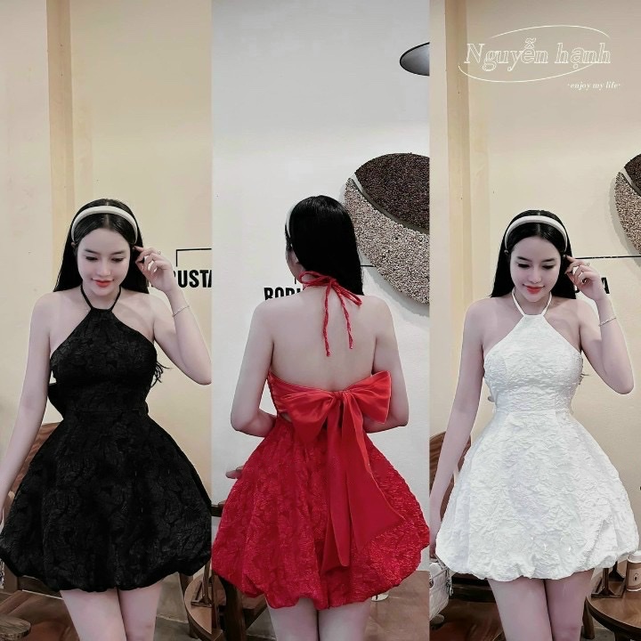 Đầm cổ yếm hở lưng cột nơ dang xòe dễ thương dành cho các nàng dạo phố