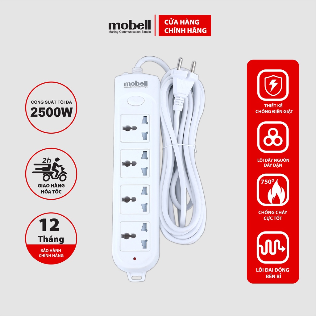 Ổ Cắm Điện Đa Năng Mobell 4 Lỗ Cắm 2m/3m/5m Có Công Tắc Chịu Nhiệt Cao 750 Độ C 2500W mã CX1304U0-OL