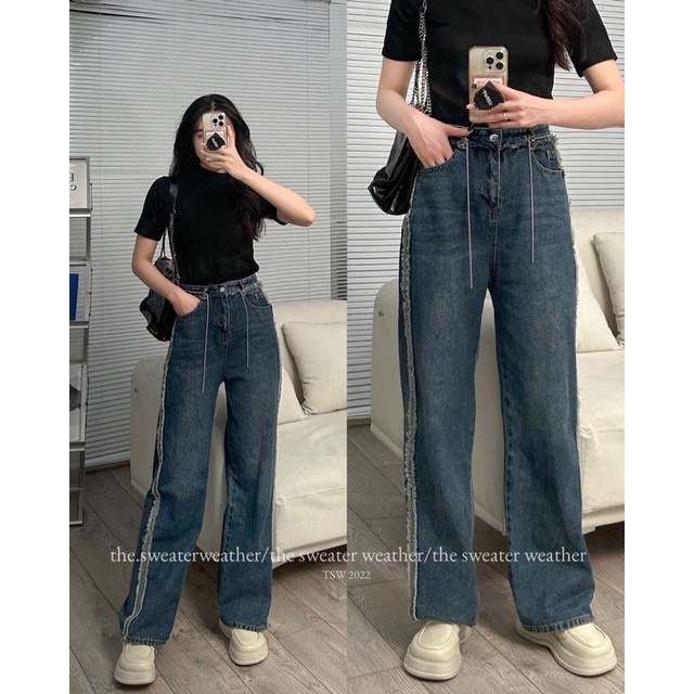 Quần jean, quần bò xuông đáp tua viền kèm dây xích chuông mẫu mới,culottes -Harigenz- Quanjean6867