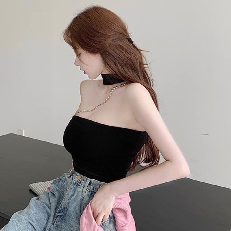 Áo Quây croptop- áo ống cúp ngực choker dây xích ôm body chất thun co dãn màu đen, trắng phong cách ulzzang hàn quốc