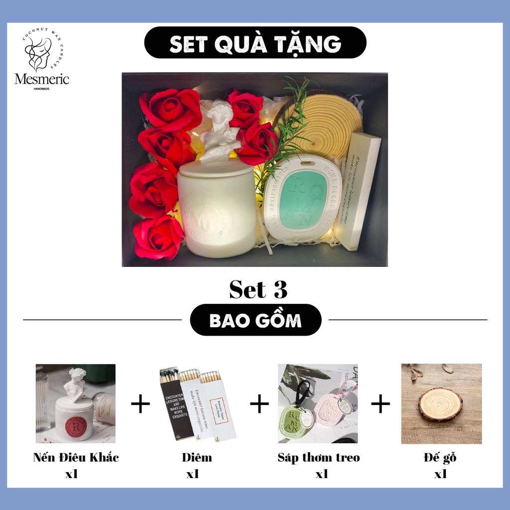Set Nến Thơm MESMERIC Làm Quà Tặng Sinh Nhật, Valentine, Lễ Kỉ Niệm Full Box Kèm Túi, Đèn Đom Đóm