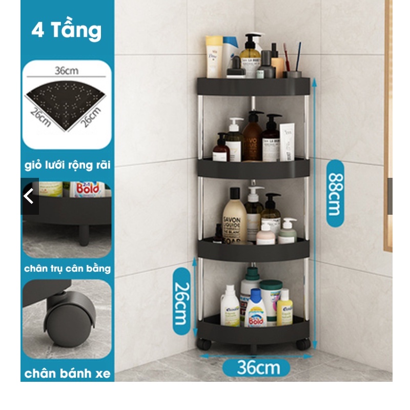 Kệ Nhà Tắm Nhà Bếp Đa Năng Có Bánh Xe Di Chuyển  3-4 Tầng Khung Thép Giá Nhựa Có Lỗ Tiện Lợi, Kệ Góc Tường Đa Năng