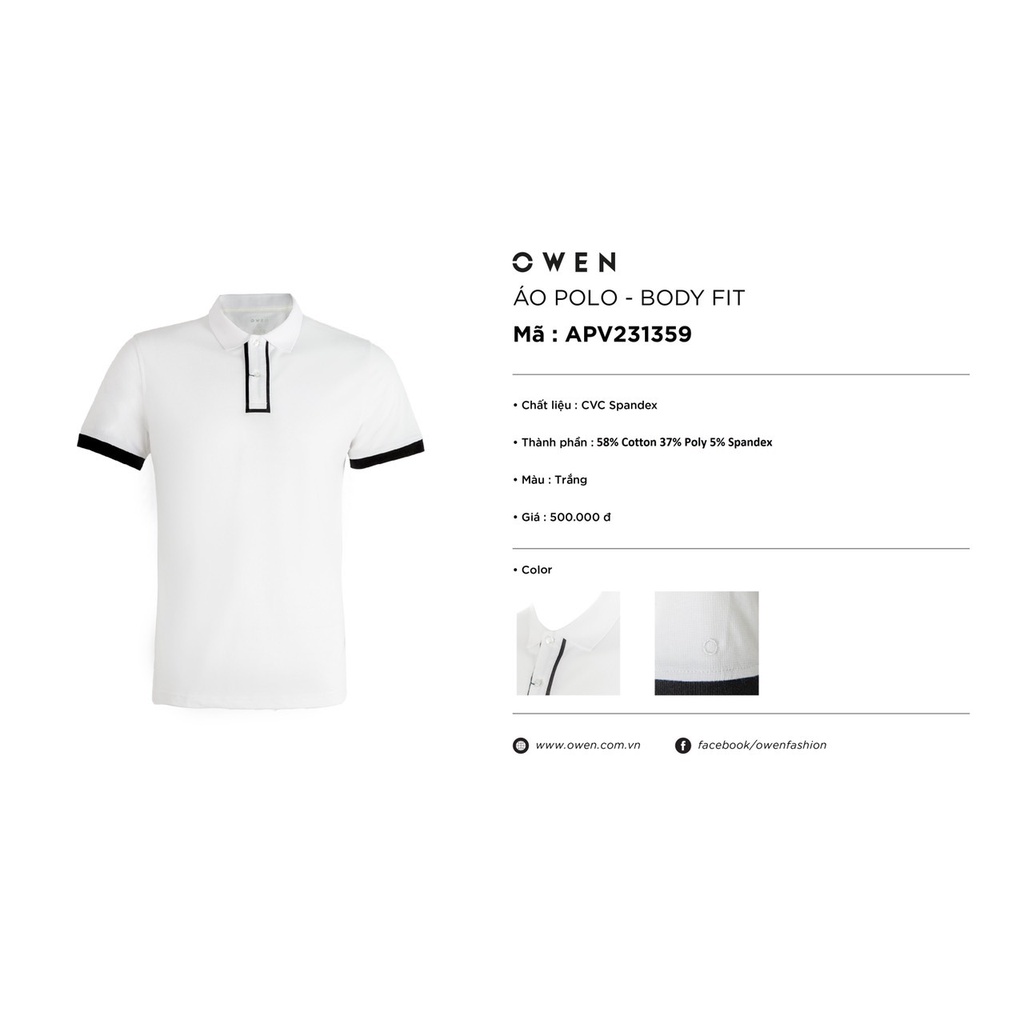 Áo polo owen màu trắng body fit vải cotton APV231359