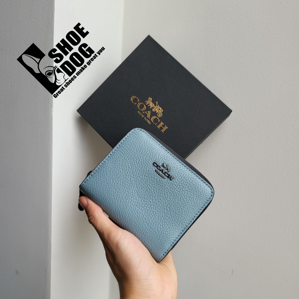 Bóp ví ngắn gập đôi kéo hàng hiệu nữ Coach màu xanh mint